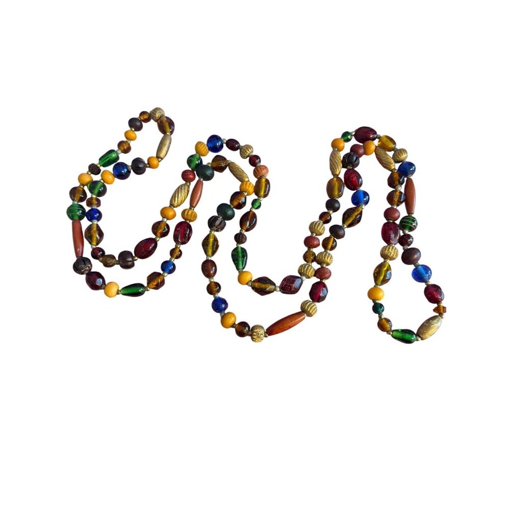 Vtg Multicolor Beaded Necklace Gold Tone Boho Glass Wood No Clasp Triple 58"
